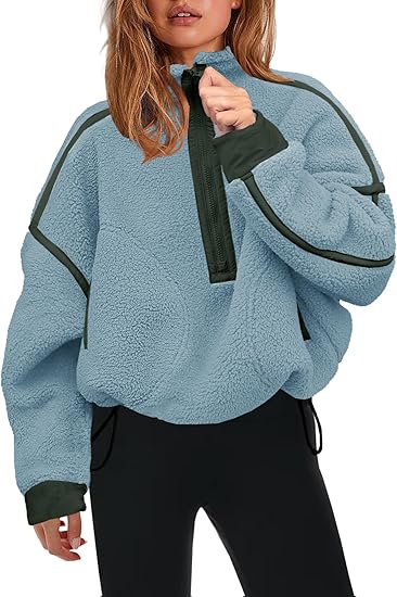 Sudadera de forro polar Sherpa de media cremallera para mujer de Panadila, suave, extragrande, con bolsillos, suéter cálido y mullido.