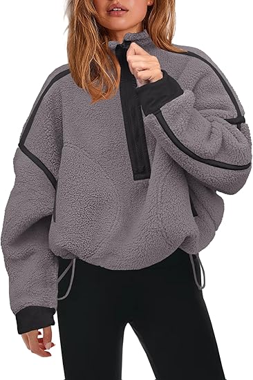 Sudadera de forro polar Sherpa de media cremallera para mujer de Panadila, suave, extragrande, con bolsillos, suéter cálido y mullido.